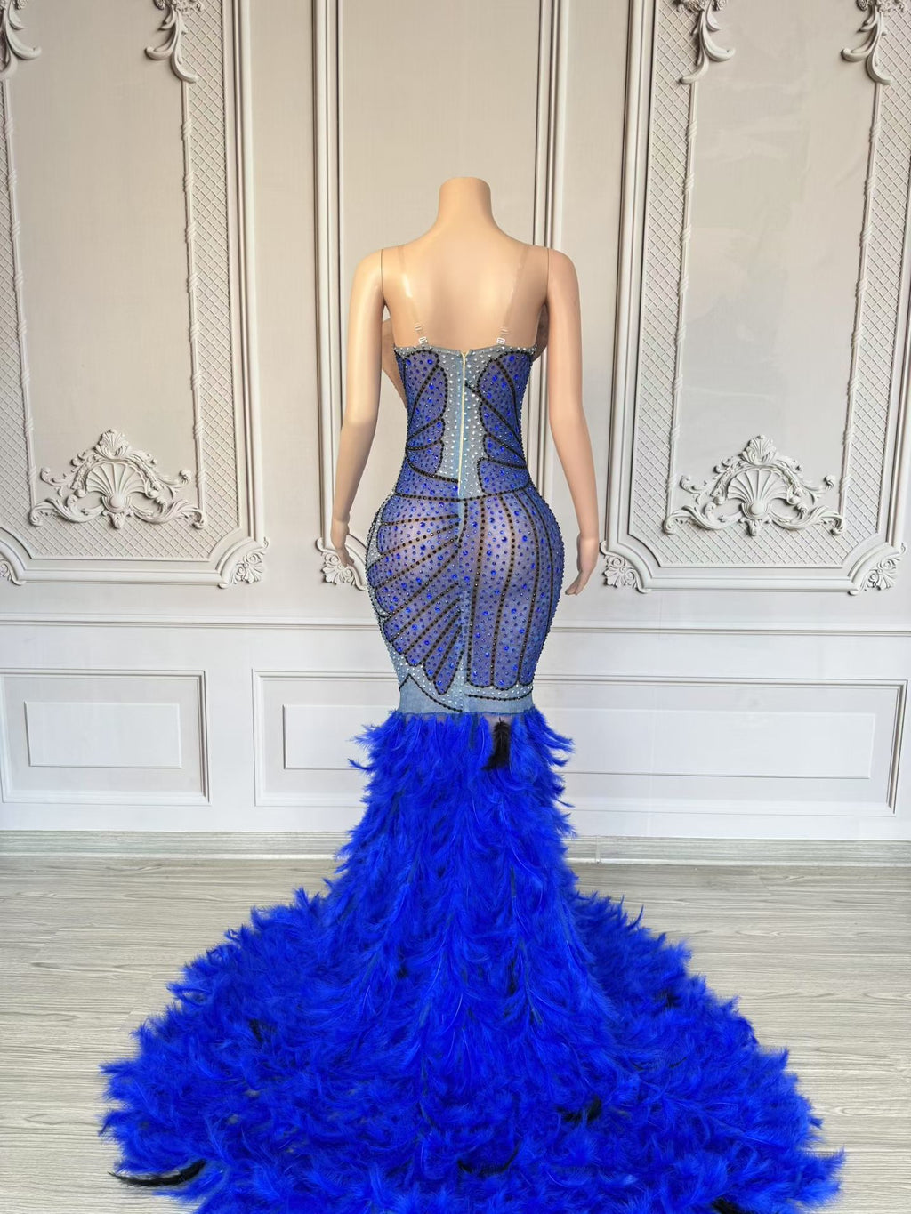 Royal Blue Feathered Evening Gown