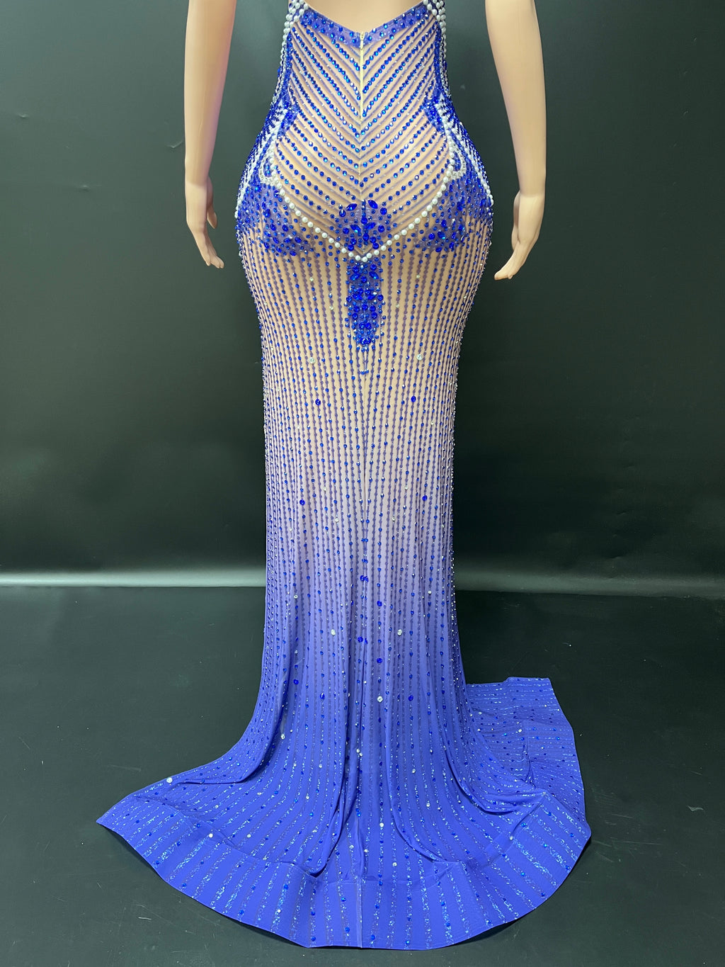 Stunning Blue Beaded Evening Gown