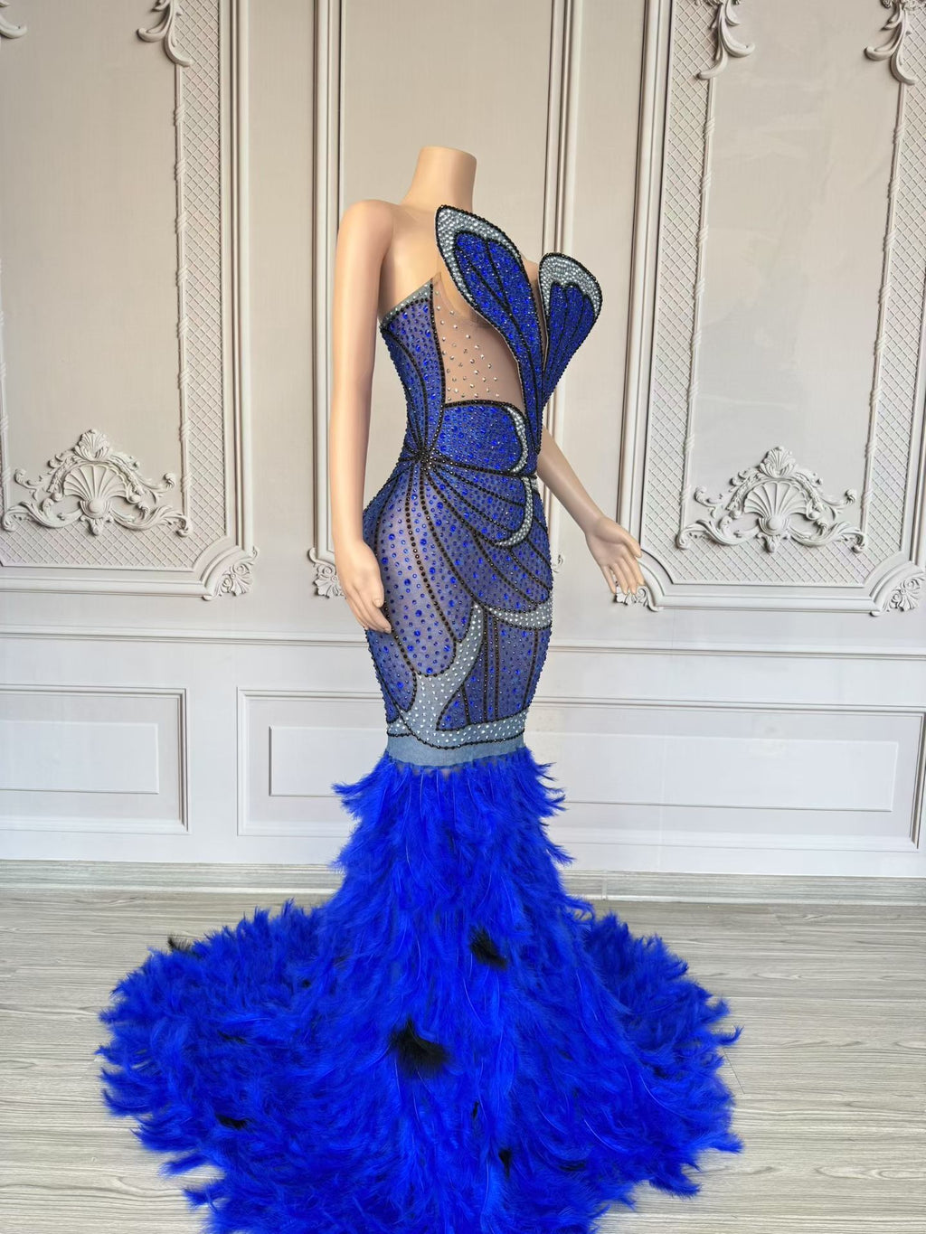 Royal Blue Feathered Evening Gown