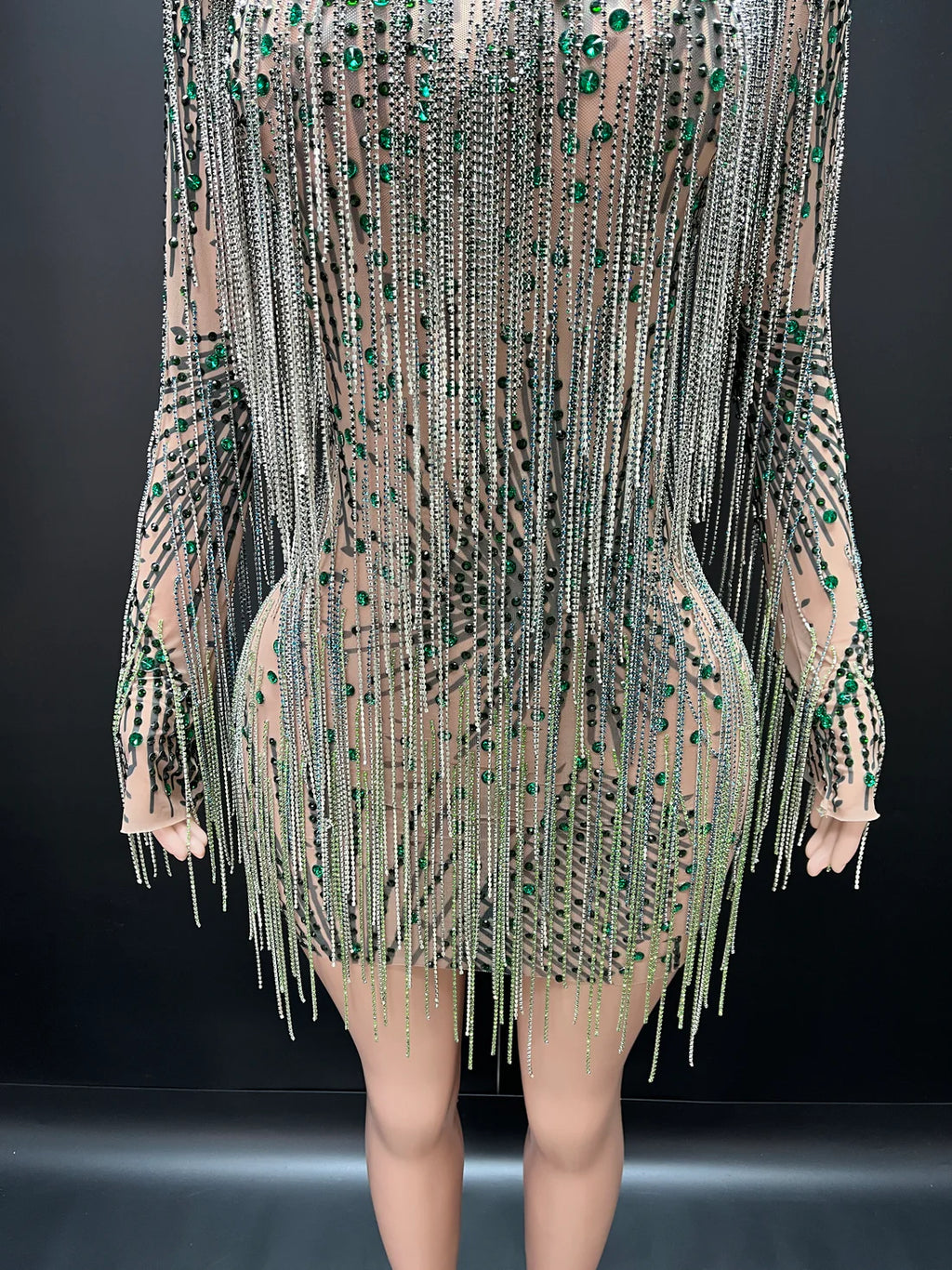 Emerald Glam Rhinestone Fringe Dress