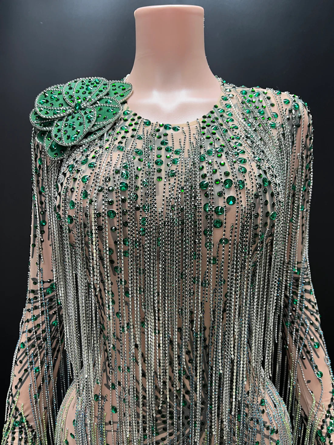 Emerald Glam Rhinestone Fringe Dress