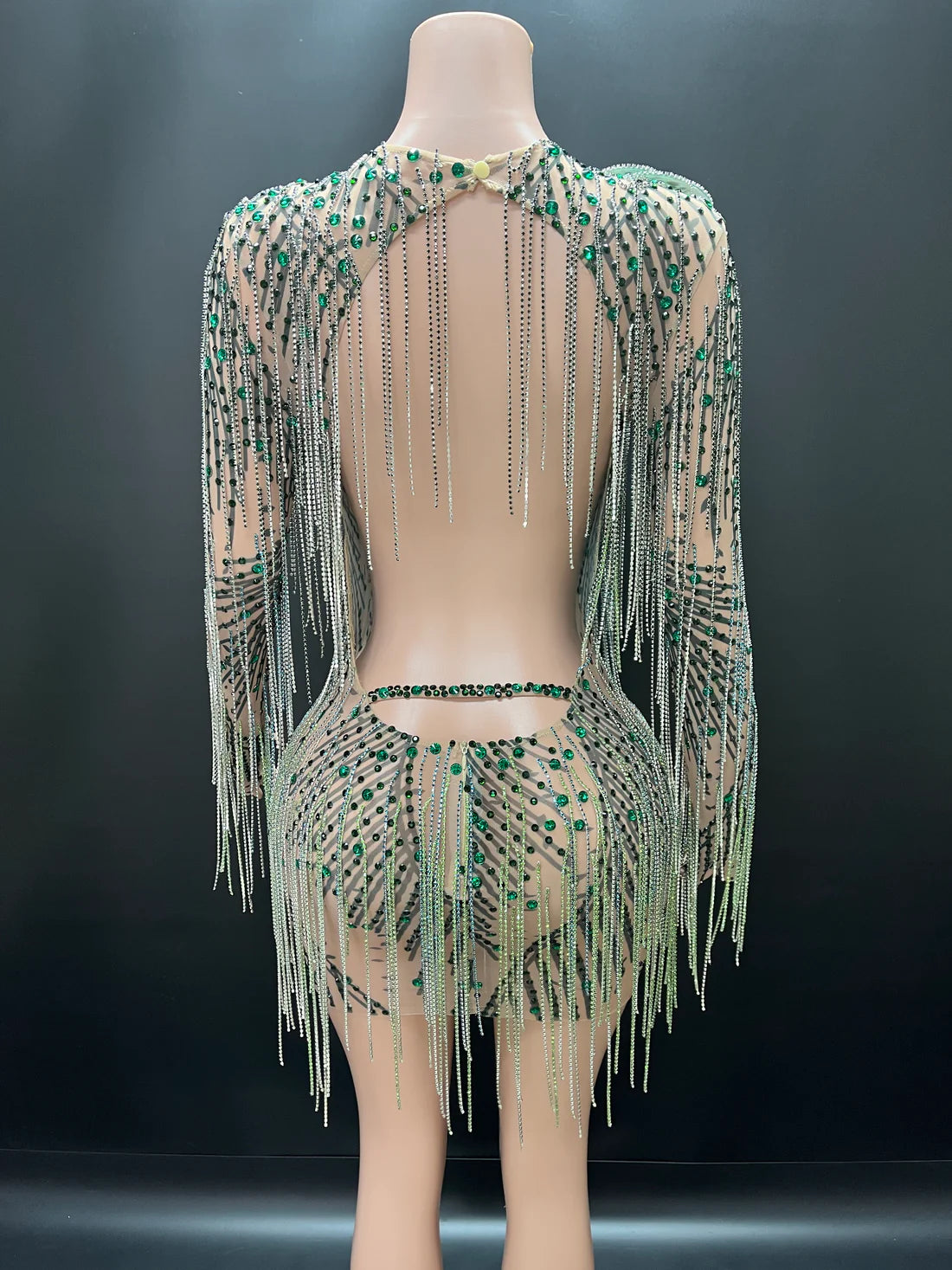 Emerald Glam Rhinestone Fringe Dress