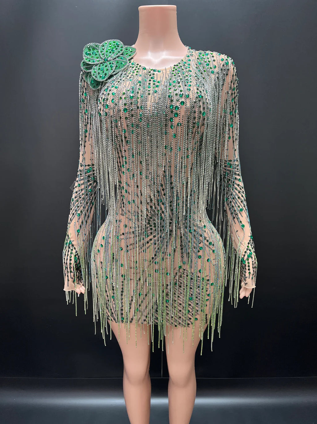Emerald Glam Rhinestone Fringe Dress