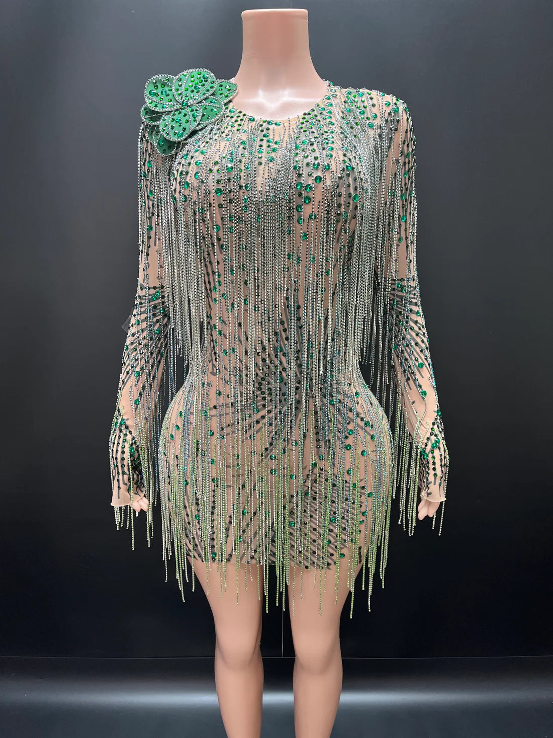 Emerald Glam Rhinestone Fringe Dress