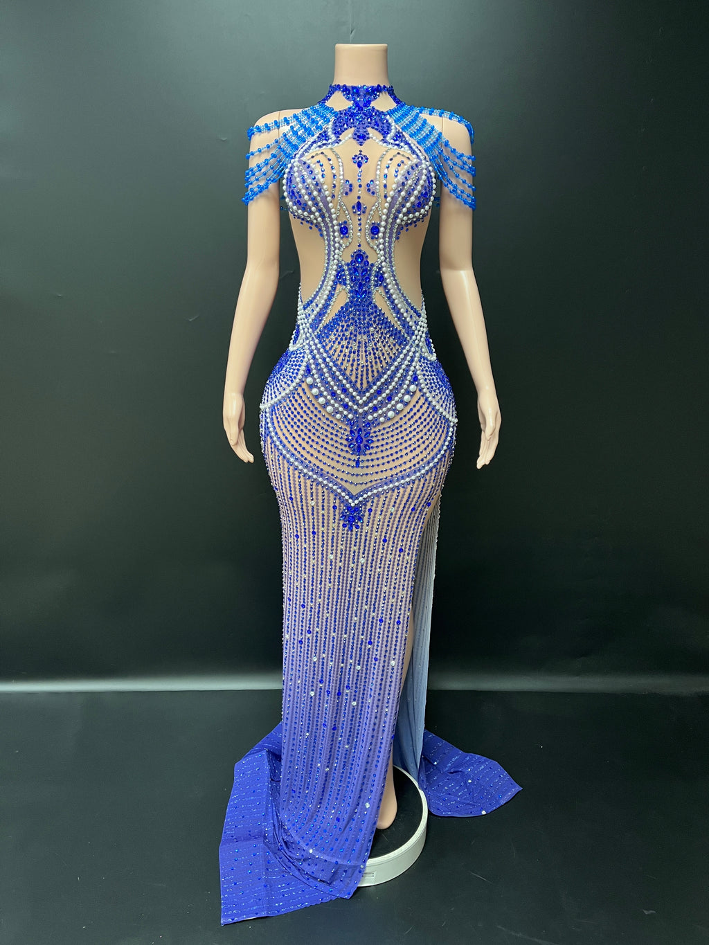 Stunning Blue Beaded Evening Gown