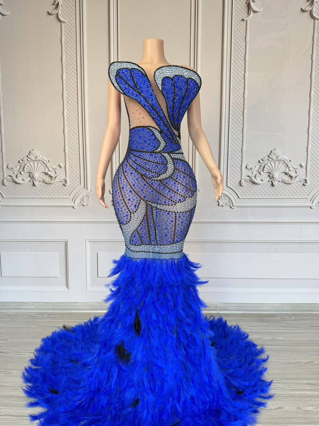 Royal Blue Feathered Evening Gown